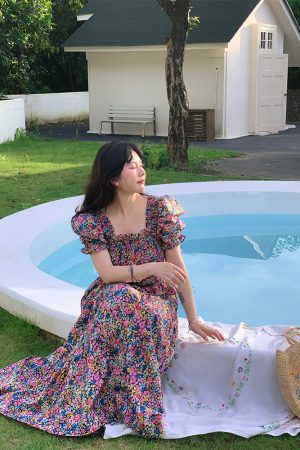 Vintage French Floral Square Neck Big Hem Dress for Women - Summer Loose Princess Sleeve Long Dress - 90s Y2K Style