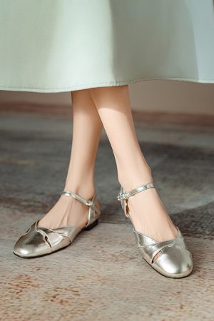 Vintage French Genuine Leather Hollow Flat Roman One-Strap Open-Toe Sandals for Women - Summer Chic Style