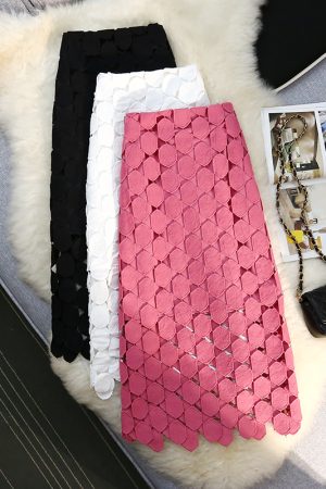 Vintage French Hollow-Out Tassel Midi Skirt with 3D Lace Polka Dots â€“ Elegant Boho Style for Effortless Chic Looks