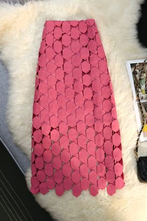 Vintage French Hollow-Out Tassel Midi Skirt with 3D Lace Polka Dots – Elegant Boho Style for Effortless Chic Looks