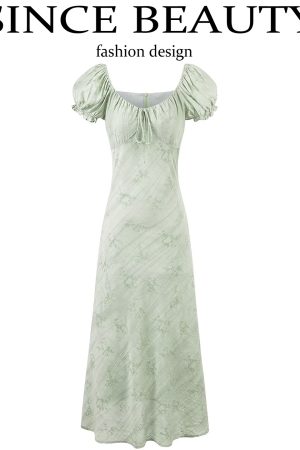 Vintage French Jacquard Square Neck Asymmetrical Long Dress for Women - Elegant Summer Fashion 2025