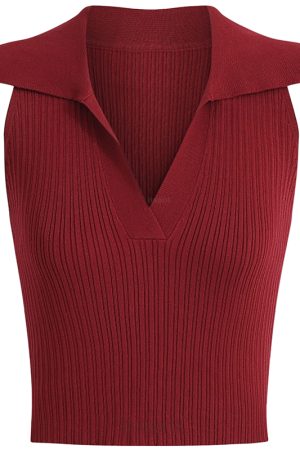 Vintage French Knitted V-Neck Red Sleeveless Halter Top - 2025 Early Spring Korean Style Women's Fashion