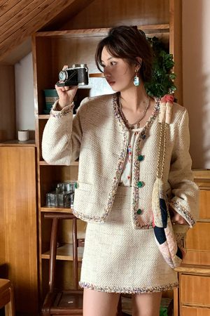 Vintage French Retro Suit Women's Spring Autumn Jacket and Skirt Two-Piece Set - Chic 90s Inspired Fashion