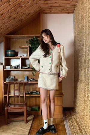 Vintage French Retro Suit Women's Spring Autumn Jacket and Skirt Two-Piece Set - Chic 90s Inspired Fashion