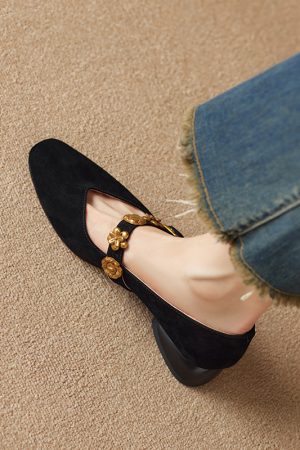 Vintage French Square Toe Mary Jane Shoes for Women - Genuine Leather Low Chunky Heel Flats for Commuting