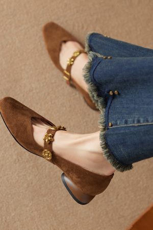 Vintage French Square Toe Mary Jane Shoes for Women - Genuine Leather Low Chunky Heel Flats for Commuting