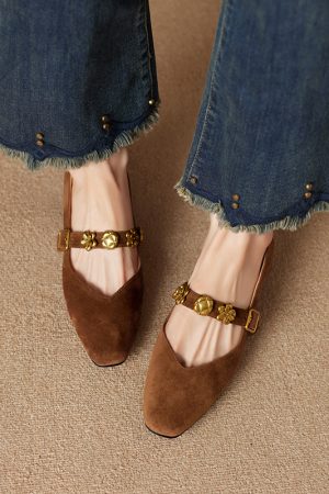 Vintage French Square Toe Mary Jane Shoes for Women - Genuine Leather Low Chunky Heel Flats for Commuting