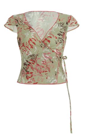 Vintage French Style Lace-Up Short Sleeve Top for Women - Dappled Branch Shadows Low V-Neck Waist-Defined T-Shirt - Summer Fashion