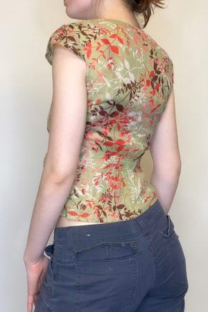 Vintage French Style Lace-Up Short Sleeve Top for Women - Dappled Branch Shadows Low V-Neck Waist-Defined T-Shirt - Summer Fashion