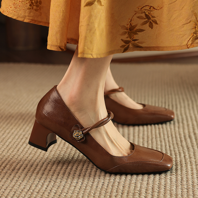 Vintage French Style Leather Mary Jane Flats for Women - Square Toe, Shallow Mouth, Medium Heel - Summer Commuting Shoes Vintage French Style Leather Mary Jane Flats for Women - Square Toe, Shallow Mouth, Medium Heel - Summer Commuting Shoes