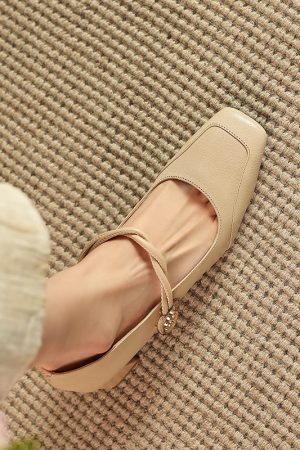 Vintage French Style Leather Mary Jane Flats for Women - Square Toe, Shallow Mouth, Medium Heel - Summer Commuting Shoes