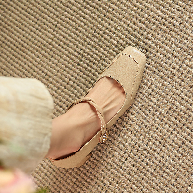 Vintage French Style Leather Mary Jane Flats for Women - Square Toe, Shallow Mouth, Medium Heel - Summer Commuting Shoes Vintage French Style Leather Mary Jane Flats for Women - Square Toe, Shallow Mouth, Medium Heel - Summer Commuting Shoes