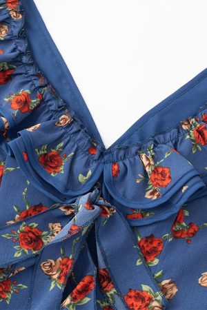 Vintage French-Style V-Neck Floral Dress for Women - Age-Reducing Blue Summer Dress, 2025 Collection