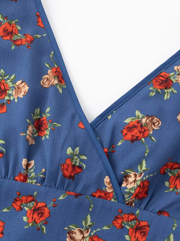 Vintage French-Style V-Neck Floral Dress for Women - Age-Reducing Blue Summer Dress, 2025 Collection Vintage French-Style V-Neck Floral Dress for Women - Age-Reducing Blue Summer Dress, 2025 Collection