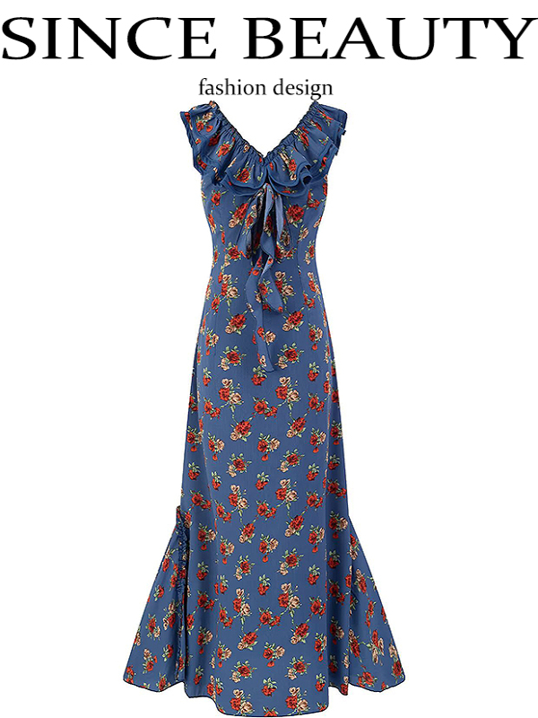 Vintage French-Style V-Neck Floral Dress for Women - Age-Reducing Blue Summer Dress, 2025 Collection Vintage French-Style V-Neck Floral Dress for Women - Age-Reducing Blue Summer Dress, 2025 Collection