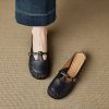 Vintage French Style Women's Genuine Leather Woven Camellia Mules - Mid-Heel Closed-Toe Slippers