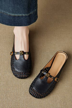 Vintage French Style Women's Genuine Leather Woven Camellia Mules - Mid-Heel Closed-Toe Slippers