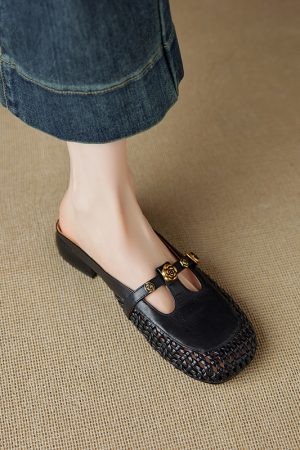 Vintage French Style Women's Genuine Leather Woven Camellia Mules - Mid-Heel Closed-Toe Slippers