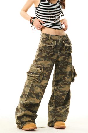 Vintage Fringe Camouflage Cargo Pants for Women - Versatile Loose Wide-Leg Design, Perfect for Y2K and Casual Street Style
