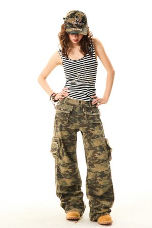 Vintage Fringe Camouflage Cargo Pants for Women - Versatile Loose Wide-Leg Design, Perfect for Y2K and Casual Street Style