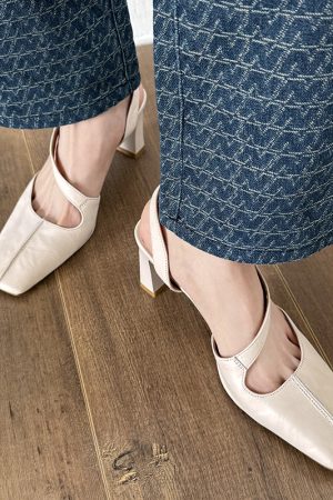 Vintage Genuine Leather Chunky Heeled Open-Toe Sandals for Women - Fashionable Backless High Heels, Versatile Italian Style