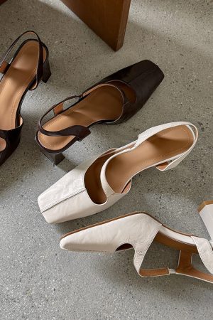 Vintage Genuine Leather Chunky Heeled Open-Toe Sandals for Women - Fashionable Backless High Heels, Versatile Italian Style