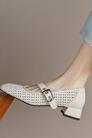 Vintage Genuine Leather Perforated Hollow-Out Single Strap Shoes for Women - Commuter Style, Italian Inspired, Trendy & Chic