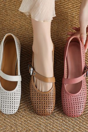 Vintage Genuine Leather Perforated Hollow-Out Single Strap Shoes for Women - Commuter Style, Italian Inspired, Trendy & Chic