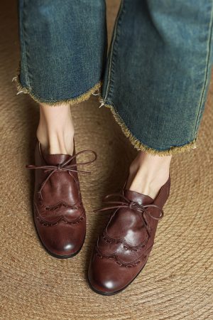Vintage Genuine Leather Round-Toe Lace-Up Chunky Low Heel Shoes - Versatile Italian Style Footwear for Everyday Wear
