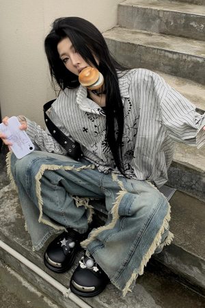 Vintage Graffiti Striped Long Sleeve Shirt Jacket for Women - Loose Punk Style Top, Y2K Fashion for Spring and Summer