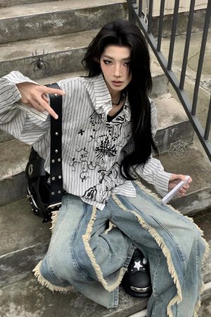 Vintage Graffiti Striped Long Sleeve Shirt Jacket for Women - Loose Punk Style Top, Y2K Fashion for Spring and Summer