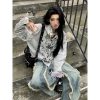 Vintage Graffiti Striped Long Sleeve Shirt Jacket for Women - Loose Punk Style Top, Y2K Fashion for Spring and Summer