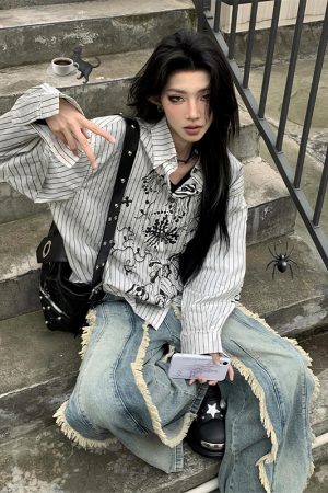 Vintage Graffiti Striped Long Sleeve Shirt Jacket for Women - Loose Punk Style Top, Y2K Fashion for Spring and Summer