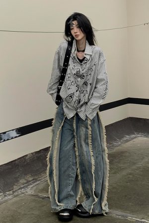 Vintage Graffiti Striped Long Sleeve Shirt Jacket for Women - Loose Punk Style Top, Y2K Fashion for Spring and Summer