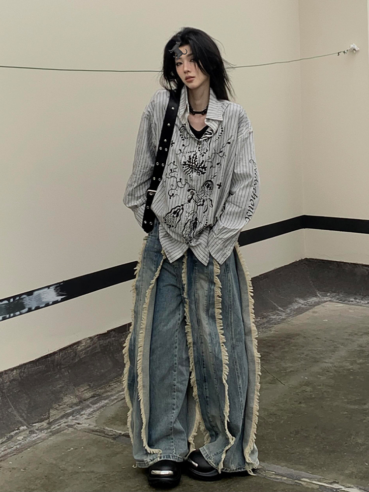 Vintage Graffiti Striped Long Sleeve Shirt Jacket for Women - Loose Punk Style Top, Y2K Fashion for Spring and Summer Vintage Graffiti Striped Long Sleeve Shirt Jacket for Women - Loose Punk Style Top, Y2K Fashion for Spring and Summer