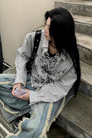Vintage Graffiti Striped Long Sleeve Shirt Jacket for Women - Loose Punk Style Top, Y2K Fashion for Spring and Summer