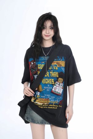 Vintage Gray Heavy-Duty Short Sleeve T-Shirt for Women â€“ Loose Fit American High Street Summer Top Trend