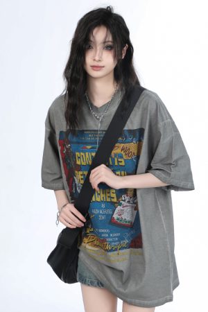 Vintage Gray Heavy-Duty Short Sleeve T-Shirt for Women â€“ Loose Fit American High Street Summer Top Trend