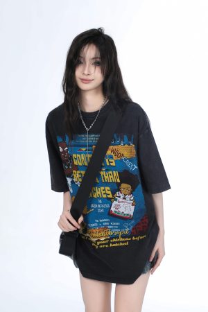 Vintage Gray Heavy-Duty Short Sleeve T-Shirt for Women â€“ Loose Fit American High Street Summer Top Trend