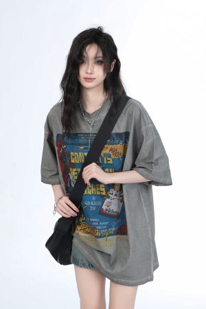 Vintage Gray Heavy-Duty Short Sleeve T-Shirt for Women â€“ Loose Fit American High Street Summer Top Trend