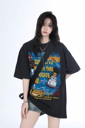 Vintage Gray Heavy-Duty Short Sleeve T-Shirt for Women â€“ Loose Fit American High Street Summer Top Trend