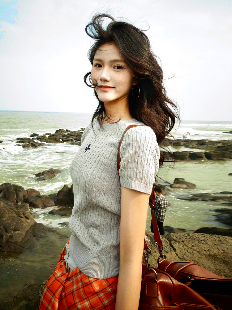 Vintage Gray Knitted T-Shirt for Women, Summer Short Sleeve Cropped Sweater, Slim Fit, Flattering Style for Trendy Girls Vintage Gray Knitted T-Shirt for Women, Summer Short Sleeve Cropped Sweater, Slim Fit, Flattering Style for Trendy Girls