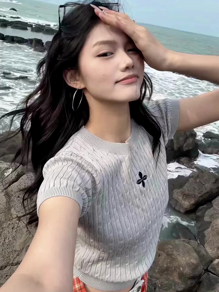 Vintage Gray Knitted T-Shirt for Women, Summer Short Sleeve Cropped Sweater, Slim Fit, Flattering Style for Trendy Girls Vintage Gray Knitted T-Shirt for Women, Summer Short Sleeve Cropped Sweater, Slim Fit, Flattering Style for Trendy Girls