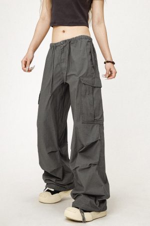 Vintage Gray Loose Fit Paratrooper Work Pants for Men and Women | Casual Floor-Length Niche Style Trousers