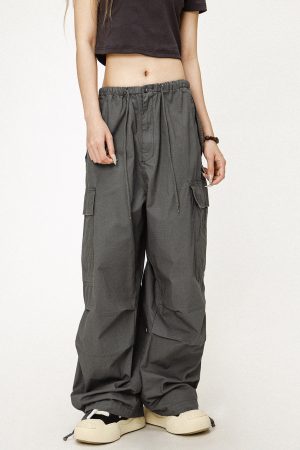 Vintage Gray Loose Fit Paratrooper Work Pants for Men and Women | Casual Floor-Length Niche Style Trousers