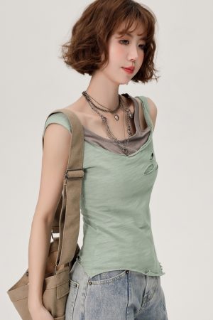 Vintage Green Fake Two-Piece Cami Top for Women - Summer Hot Girl Style, Ripped Design, Trendy Niche Fashion