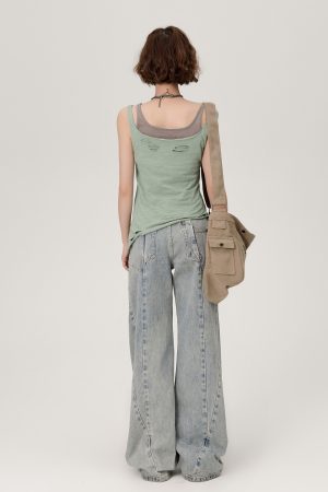 Vintage Green Fake Two-Piece Cami Top for Women - Summer Hot Girl Style, Ripped Design, Trendy Niche Fashion