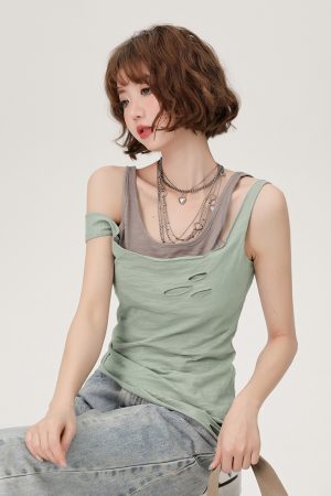 Vintage Green Fake Two-Piece Cami Top for Women - Summer Hot Girl Style, Ripped Design, Trendy Niche Fashion