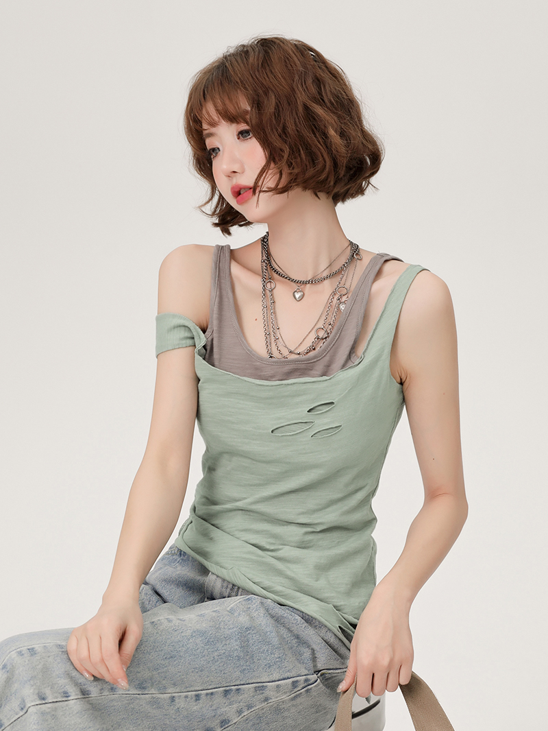 Vintage Green Fake Two-Piece Cami Top for Women - Summer Hot Girl Style, Ripped Design, Trendy Niche Fashion Vintage Green Fake Two-Piece Cami Top for Women - Summer Hot Girl Style, Ripped Design, Trendy Niche Fashion