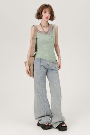 Vintage Green Fake Two-Piece Cami Top for Women - Summer Hot Girl Style, Ripped Design, Trendy Niche Fashion